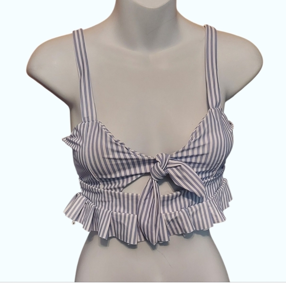 NWT Zaful Light Blue and White Striped Baby doll Bikini Top Size Small